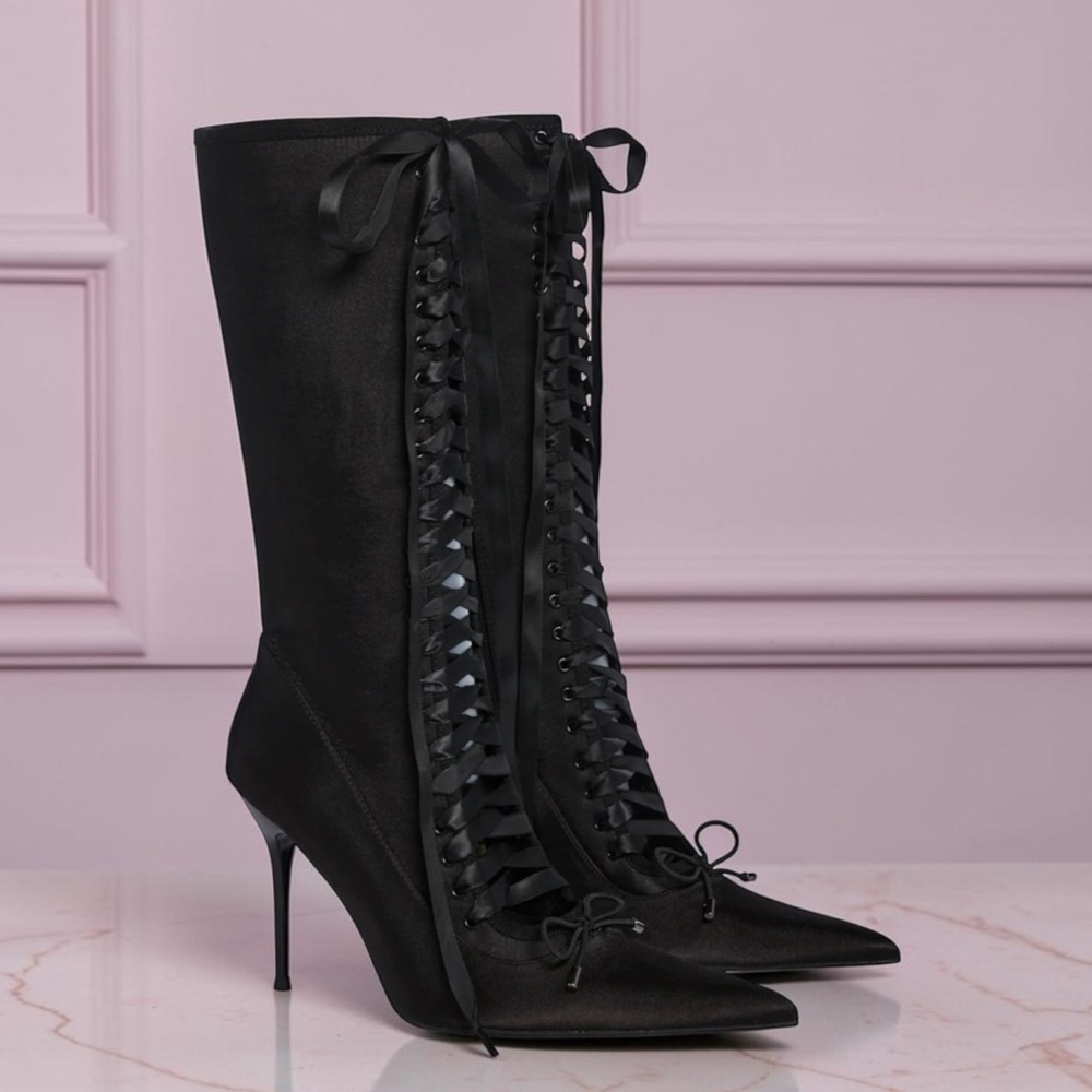 Black Lace up Stiletto Ankel-High Boots Sexy legs Wedding